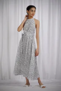 Black and White Halter Neck Cotton Dress With Belt image 2