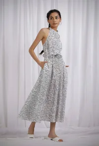 Black and White Halter Neck Cotton Dress With Belt image 3