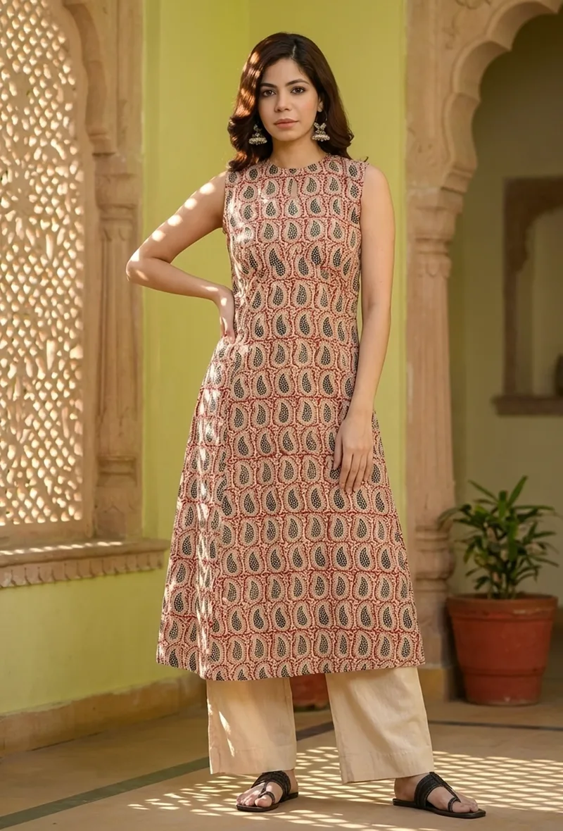 Baagh Hand Block Printed Sleeveless A-Line Kurta