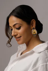 Teal Gold Stone Pearl Earrings image 1