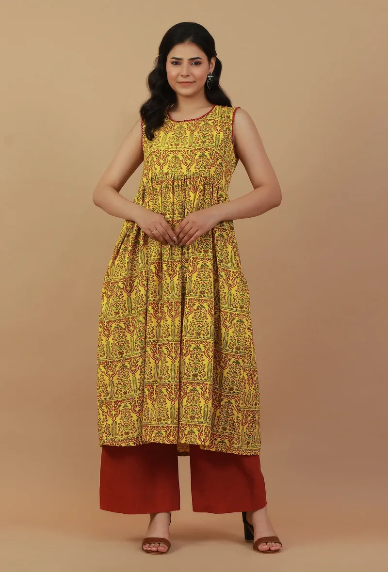 Set 2: Yellow Printed Dress with Lace detailing and Cotton rust pant