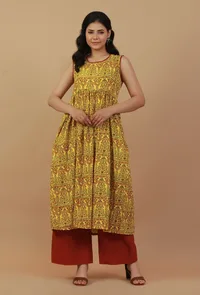 Set 2: Yellow Printed Dress with Lace detailing and Cotton rust pant image 1