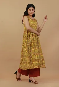 Set 2: Yellow Printed Dress with Lace detailing and Cotton rust pant image 2
