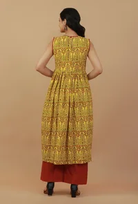 Set 2: Yellow Printed Dress with Lace detailing and Cotton rust pant image 3