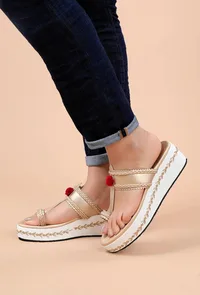 Gold and White Hand Embroidered Kolhapuri Inspired  Wedges image 1