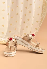 Gold and White Hand Embroidered Kolhapuri Inspired  Wedges image 2