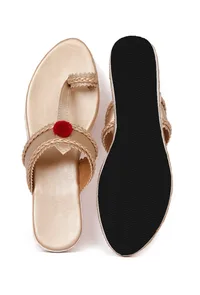 Gold and White Hand Embroidered Kolhapuri Inspired  Wedges image 4