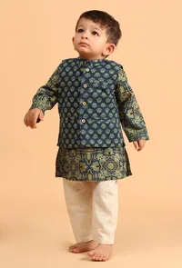Set Of 3: Divit Indigo Cotton Kurta, Off White Pyjama & Indigo Print Jacket image 1