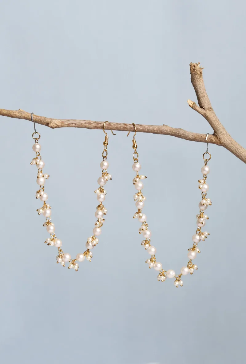 Pair of German Silver Brass Metal Golden Color & White Pearl Traditional Ear Chain