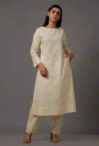 Set of 2: White Pure Woven Cotton Kurta and Pants image 3