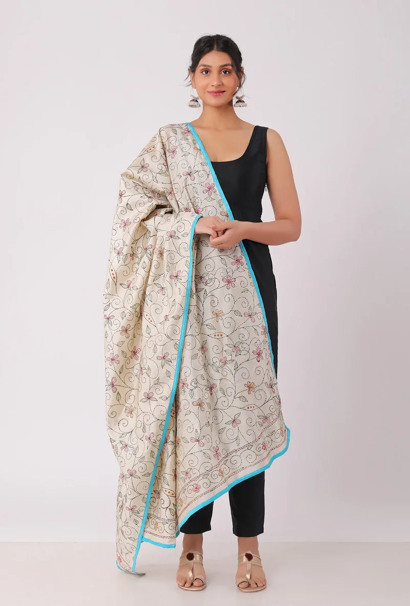 Damini hand embriodered kantha silk dupatta