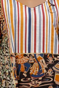 Set Of 3-Black,White and Beige Stripe and Kalamkari Kurta With Gota Detailing , Black Cotton Gotta Striped Dupatta and Rust Red Cotton Straight Pants image 6