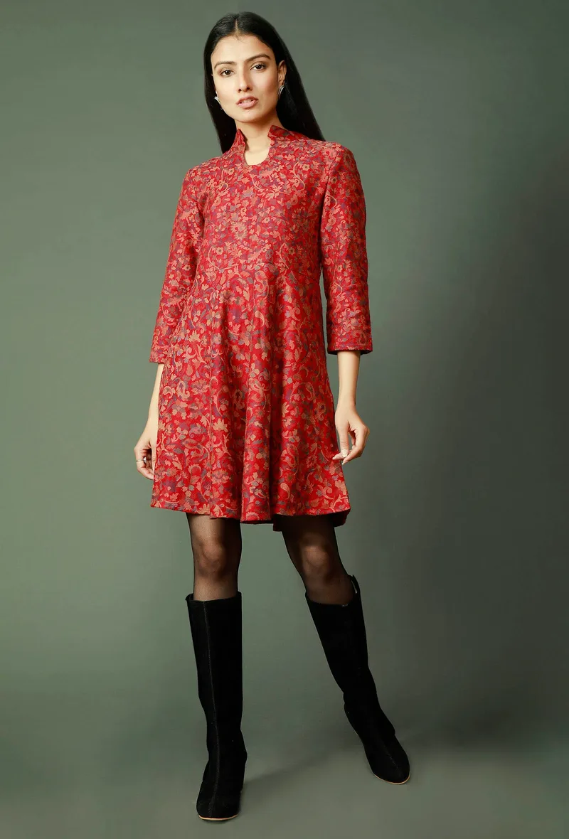 Maroon Pure Wool Kani Woven Skater Dress