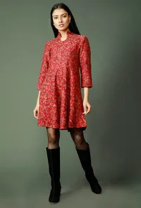 Maroon Pure Wool Kani Woven Skater Dress image 1