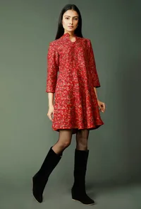 Maroon Pure Wool Kani Woven Skater Dress image 2