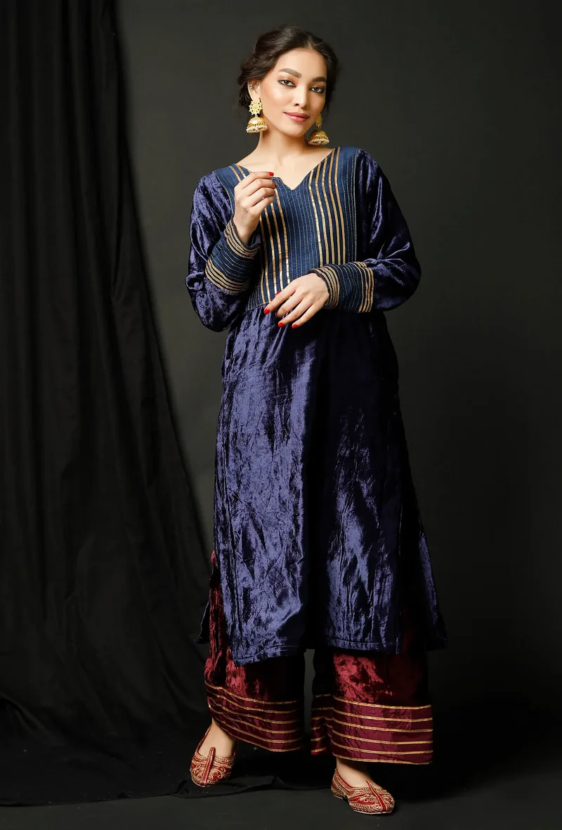 Set of 2 : Blue Velvet Phiran and Wine Velvet Pallazo