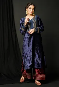 Set of 2 : Blue Velvet Phiran and Wine Velvet Pallazo image 1