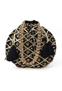 Midnight Elegance Potli With Glass Mirror Work image 2