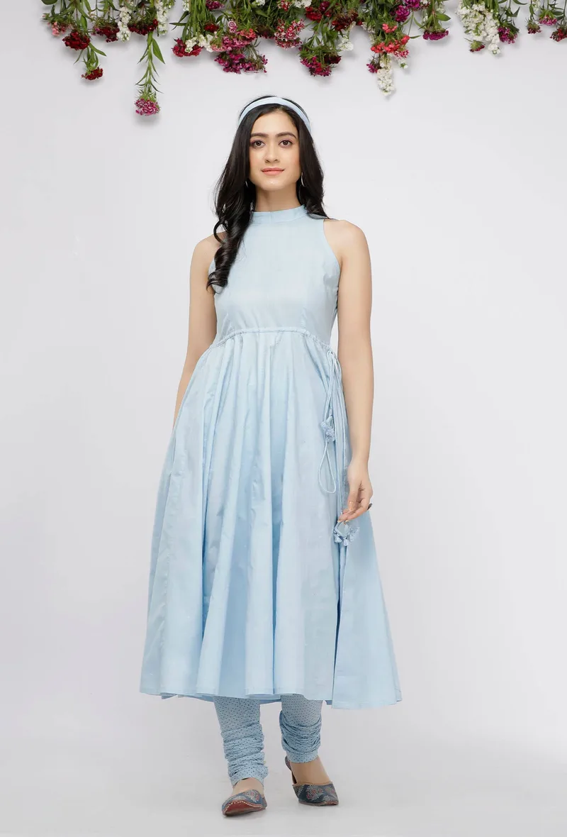 Set of 2: Blue Plain Cotton Anarkali with Blue Cotton Hand-Block Printed Chooridar