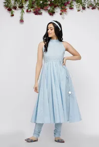 Set of 2: Blue Plain Cotton Anarkali with Blue Cotton Hand-Block Printed Chooridar image 2