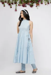 Set of 2: Blue Plain Cotton Anarkali with Blue Cotton Hand-Block Printed Chooridar image 3