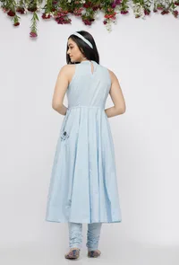 Set of 2: Blue Plain Cotton Anarkali with Blue Cotton Hand-Block Printed Chooridar image 4