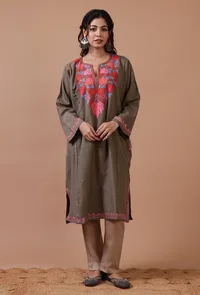 Dark Grey Woolen Ari Embroidered Phiran- Free Size image 1