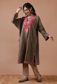 Dark Grey Woolen Ari Embroidered Phiran- Free Size image 2