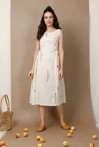Off White Cotton Dress With Hand Block Printed Motifs image 1