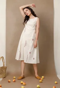 Off White Cotton Dress With Hand Block Printed Motifs image 2