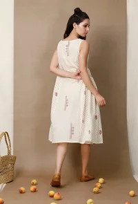 Off White Cotton Dress With Hand Block Printed Motifs image 3