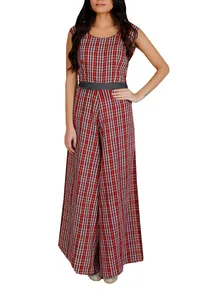 Red Gamcha Cotton Jumpsuit With Belt image 1