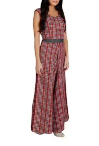 Red Gamcha Cotton Jumpsuit With Belt image 2