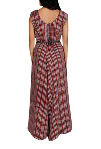 Red Gamcha Cotton Jumpsuit With Belt image 3