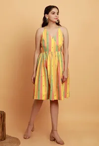 Yellow Multicolor Flared Sleeveless Woven Dress image 1