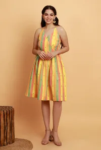 Yellow Multicolor Flared Sleeveless Woven Dress image 2