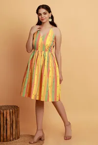 Yellow Multicolor Flared Sleeveless Woven Dress image 3
