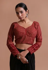 Black Cotton Ajrakh Printed Full Sleeve Blouse image 1