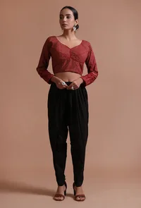 Black Cotton Ajrakh Printed Full Sleeve Blouse image 2