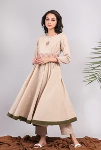 Beige Kantha Embroidered Flared Kurta Dress image 2