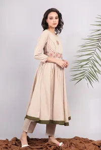 Beige Kantha Embroidered Flared Kurta Dress image 3