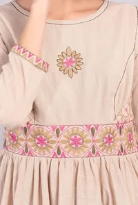 Beige Kantha Embroidered Flared Kurta Dress image 5
