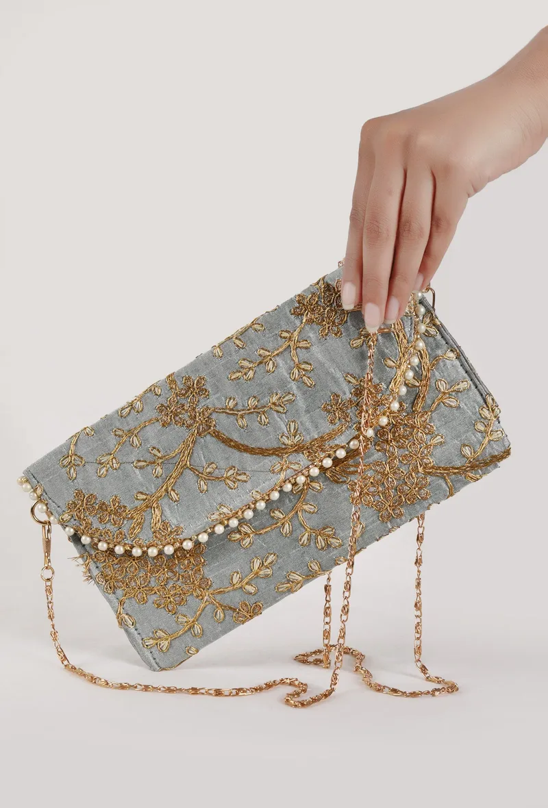 Shadow Grey Zari Embroidered Silk Envelope Clutch