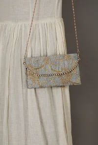 Shadow Grey Zari Embroidered Silk Envelope Clutch image 2