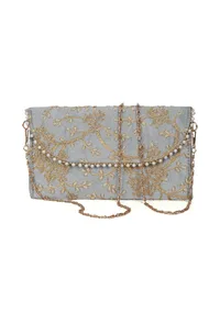 Shadow Grey Zari Embroidered Silk Envelope Clutch image 3