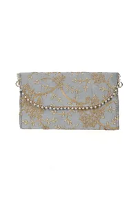 Shadow Grey Zari Embroidered Silk Envelope Clutch image 4