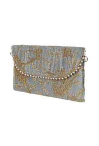 Shadow Grey Zari Embroidered Silk Envelope Clutch image 5