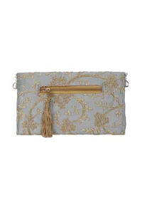 Shadow Grey Zari Embroidered Silk Envelope Clutch image 6