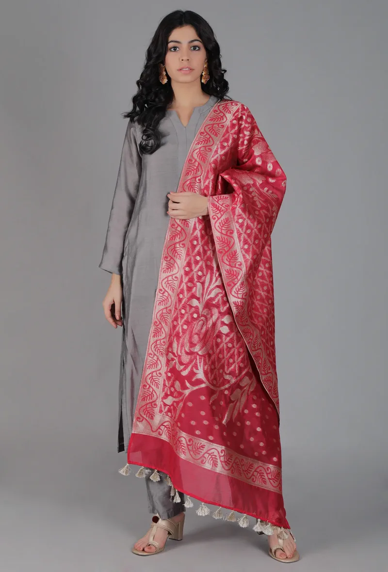 Dull Red Chanderi Brocade Dupatta