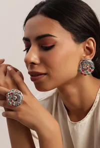 Green Stone Work Brass Metal Peacock Design Stud with Adjustable Ring image 1